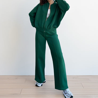 Solid Two Piece Lounge Set Zip Sweatshirt Wide Leg Pants