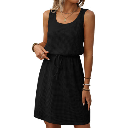 Waffle Knit Sleeveless Drawstring Waist Mini Dress