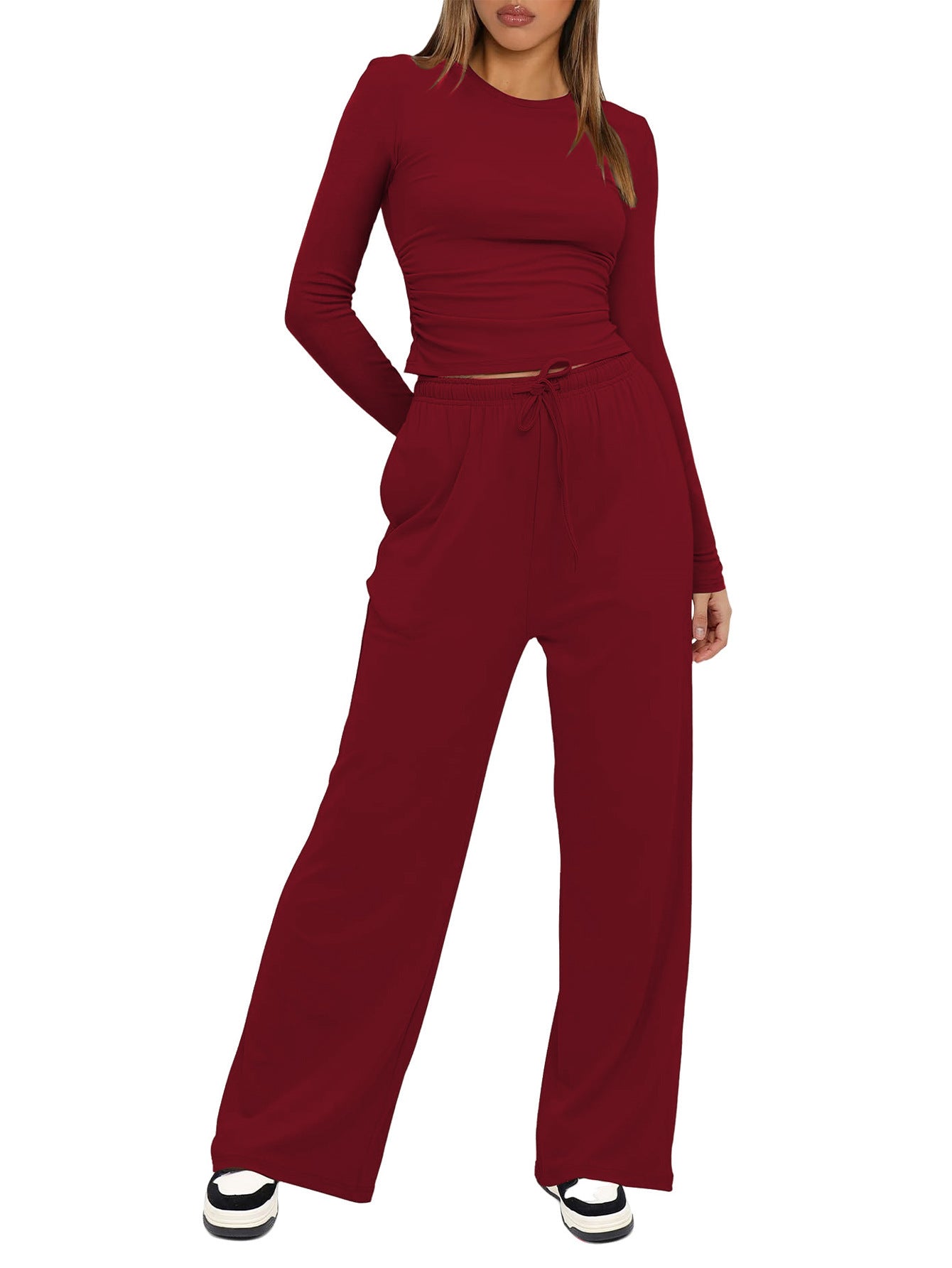 Women's 2 Piece Lounge Set Long Sleeve Top Wide Leg Pants