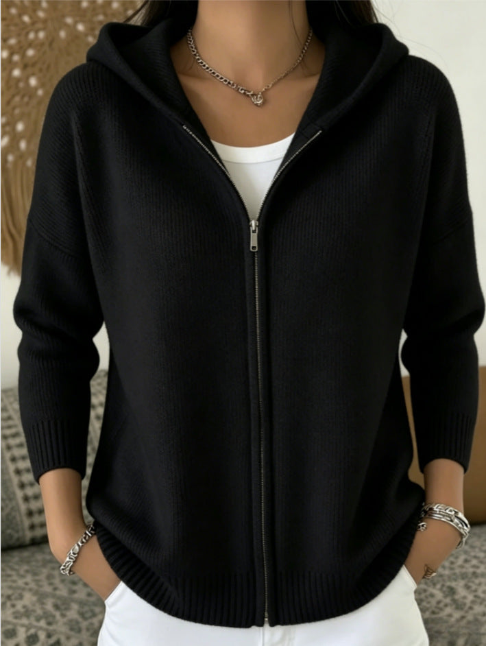 Womens Oversized Hooded Zip Up Knit Cardigan