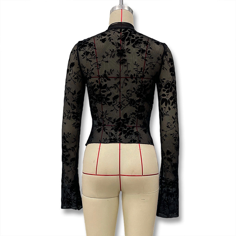 Black Sheer Floral Bell Sleeve Tie Front Crop Top