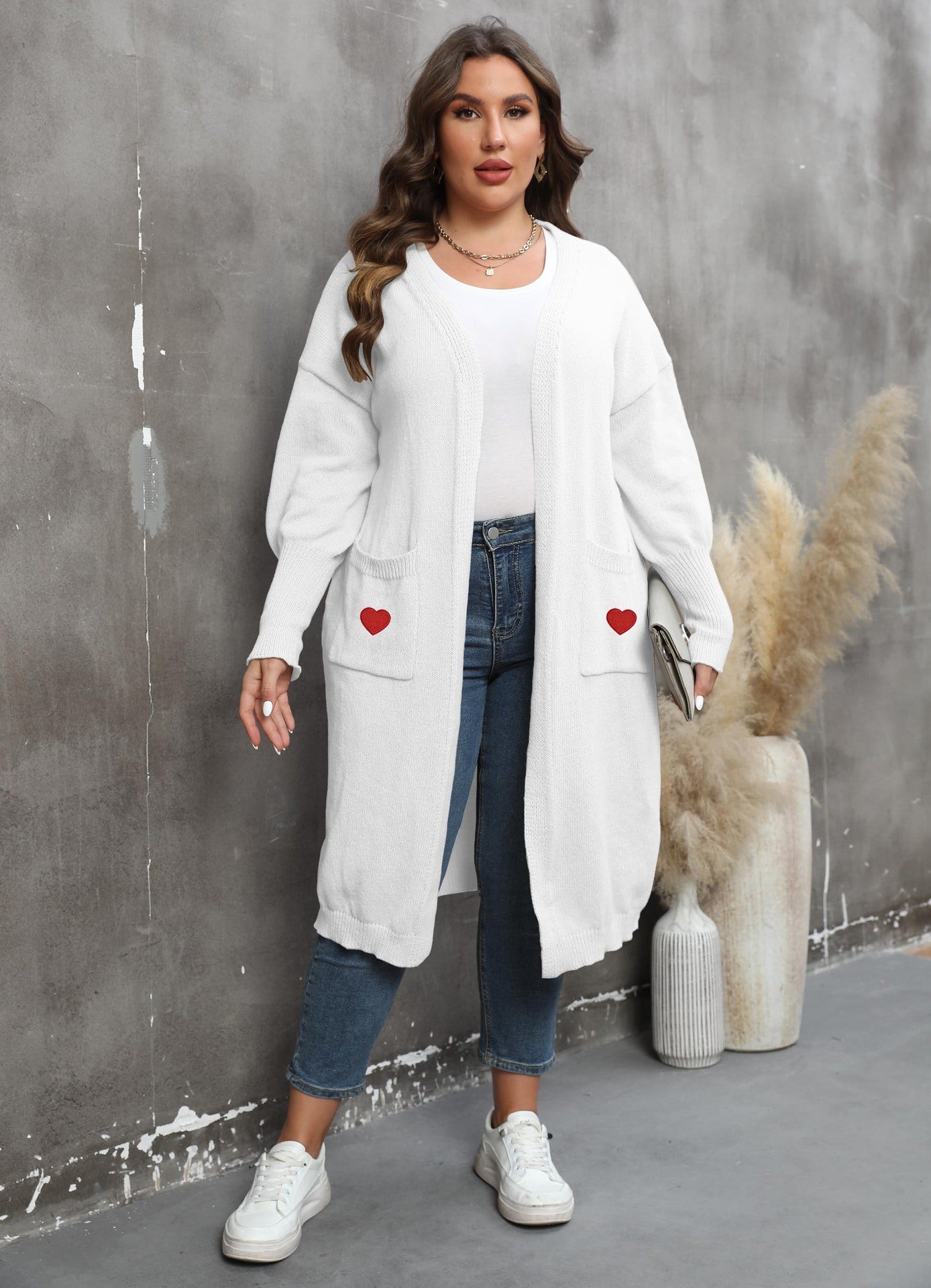 Women's Loose Medium and Long Double Pocket Lantern Sleeve Sweater Cardigan Jacket