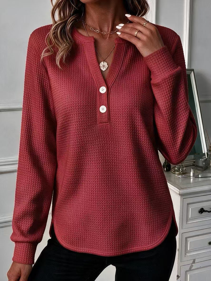 Women's Waffle Knit Henley Long Sleeve Curved Hem Top