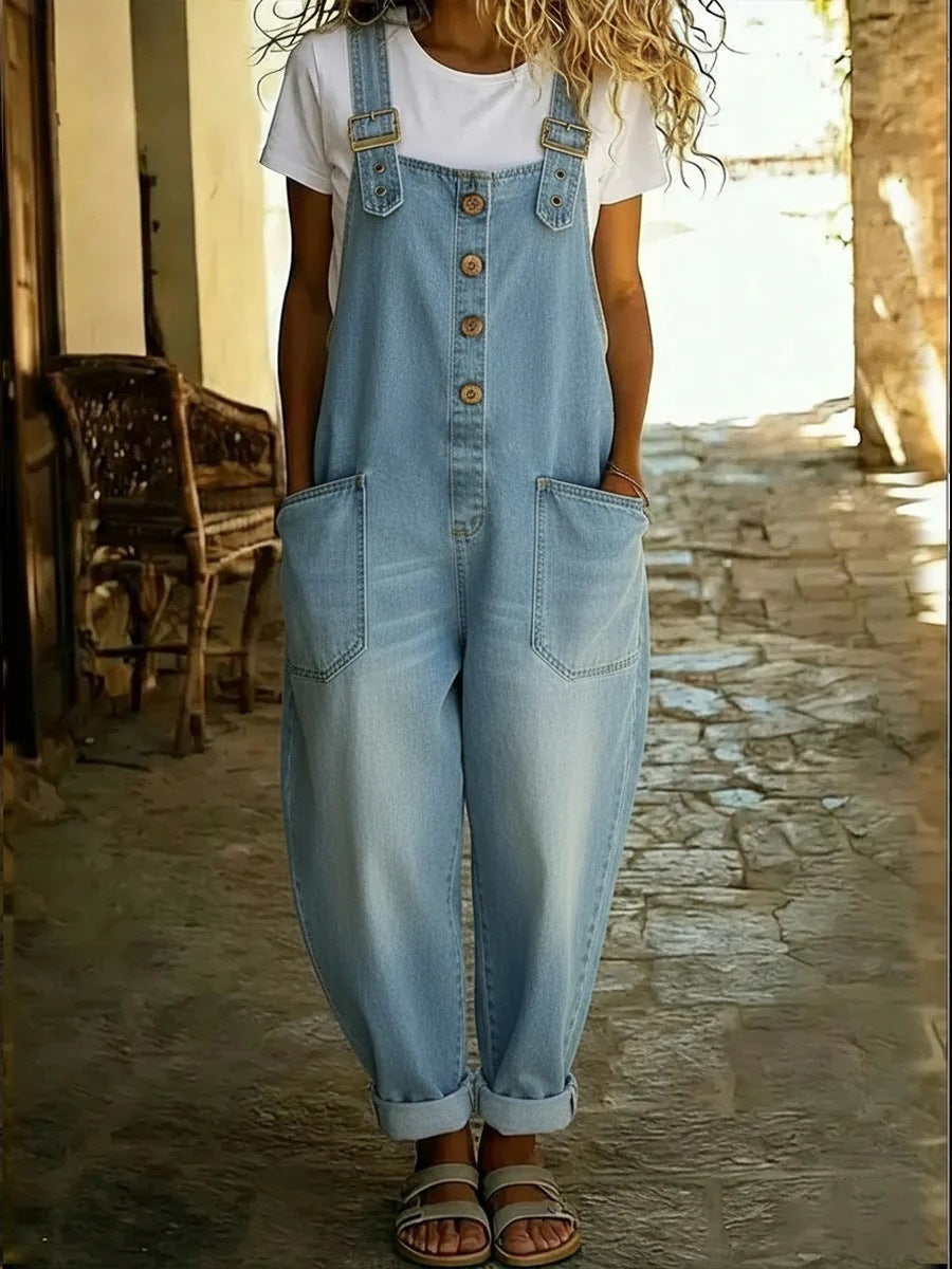Women's Washed Denim Overalls Adjustable Strap Jumpsuit