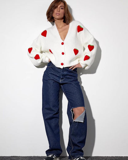 Oversized Chunky Knit Strawberry Cardigan Sweater