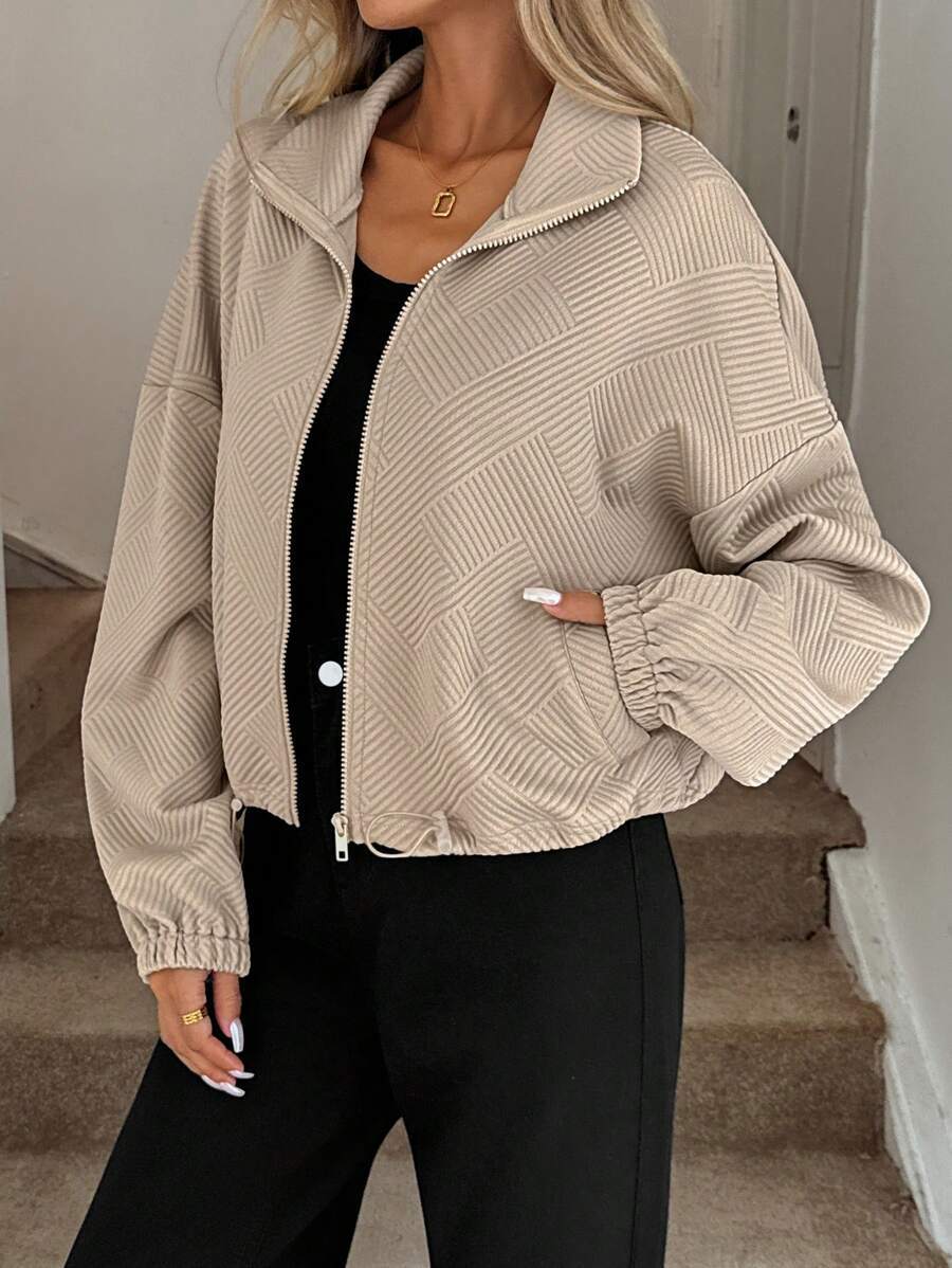 Textured Zip Up Bomber Jacket Drawstring Hem Casual Coat