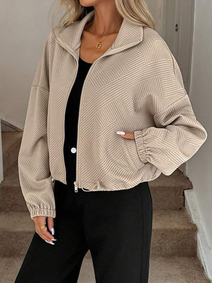 Textured Zip Up Bomber Jacket Drawstring Hem Casual Coat