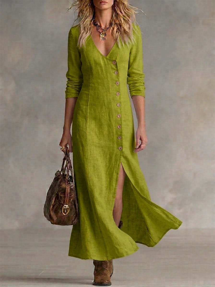 Women's Linen V-Neck Button Front Maxi Dress Slit