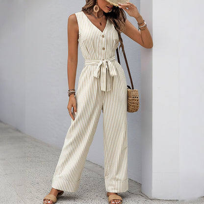 Striped Linen Blend Jumpsuit Sleeveless Wide Leg Romper