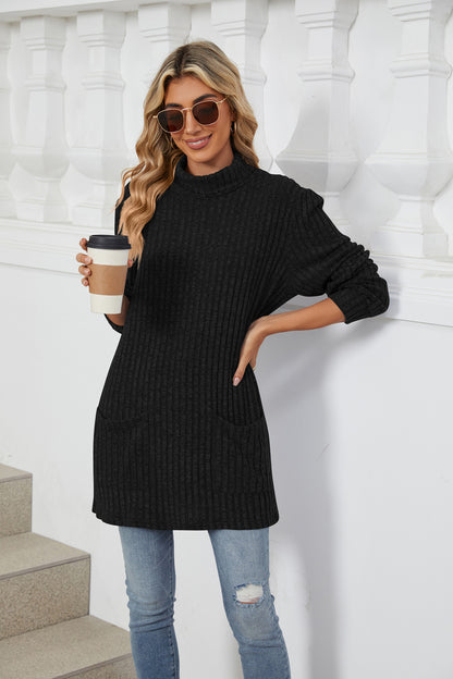 Women's Oversized Ribbed Mock Neck Tunic with Pockets