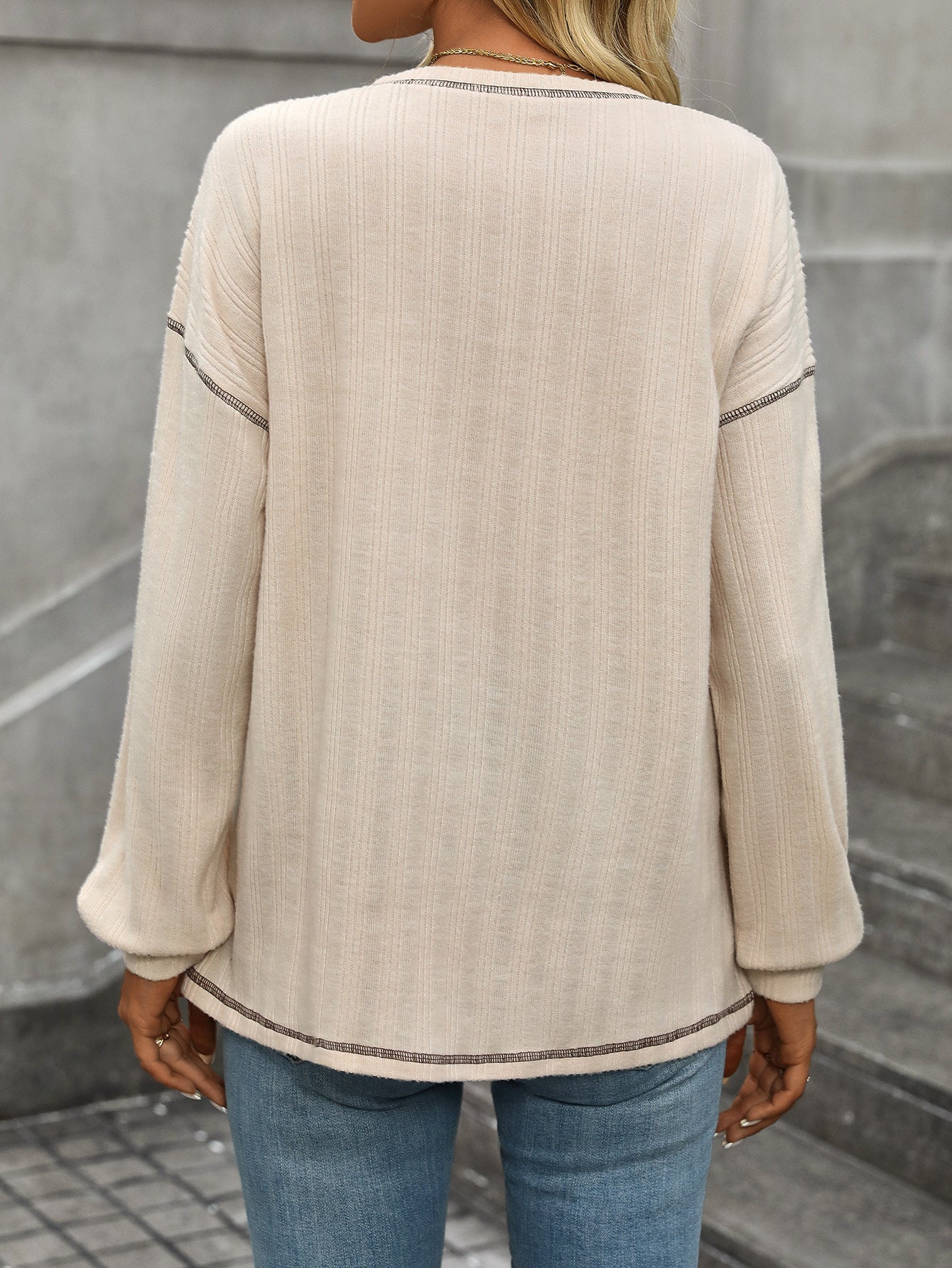 Apricot Ribbed Brushed Knit Long Sleeve Top with Pocket