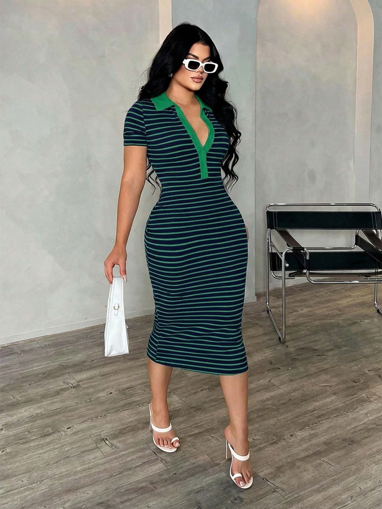 Polo Collar Stripe Bodycon Midi Dress Short Sleeve Casual