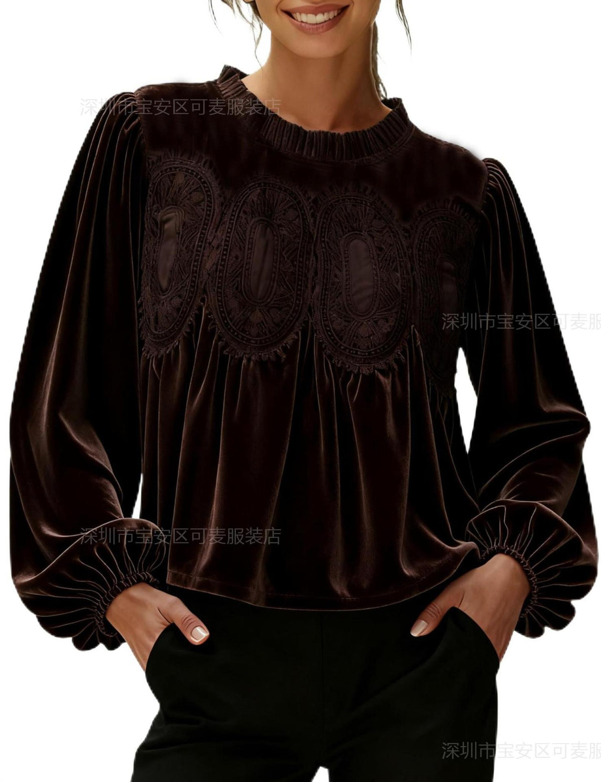 Velvet Ruffle Neck Lace Panel Long Sleeve Blouse Women