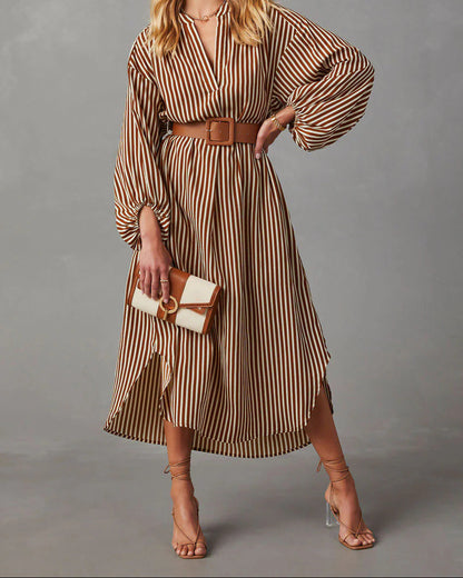 Women's Striped V-Neck Shirt Dress Belted Midi