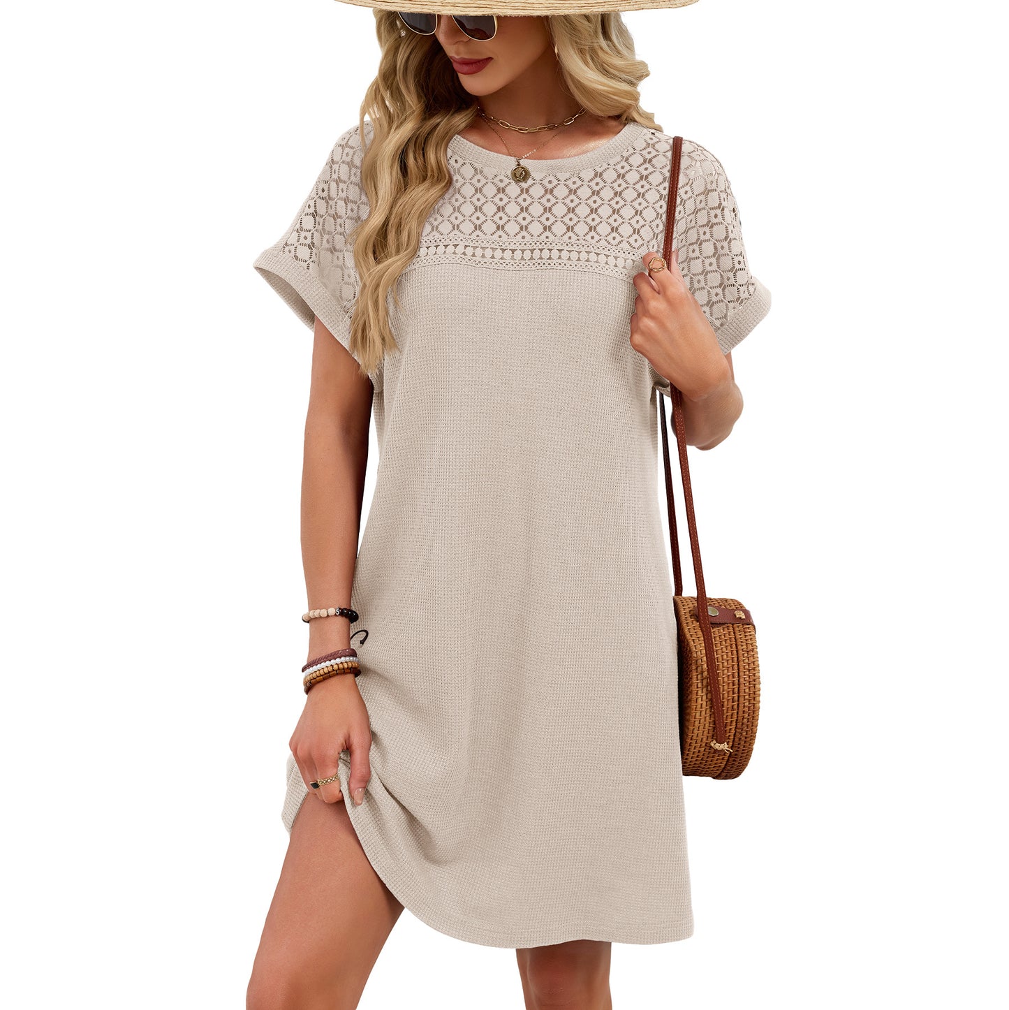 Blue Gray Yoke Loose T Shirt Dress Crew Neck
