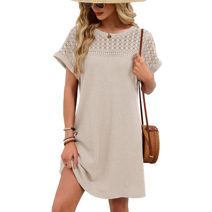 Blue Gray Yoke Loose T Shirt Dress Crew Neck