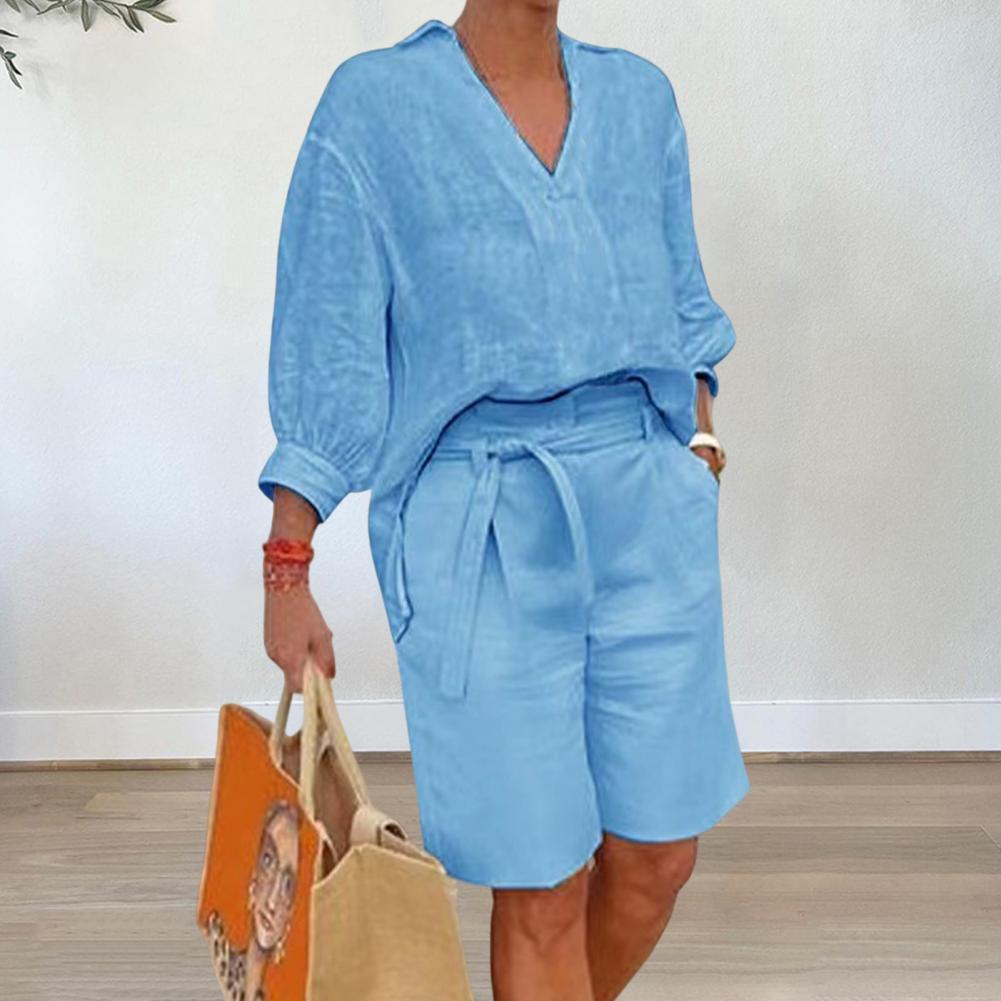 Women V Neck Linen 2 Piece Short Set Summer Casual
