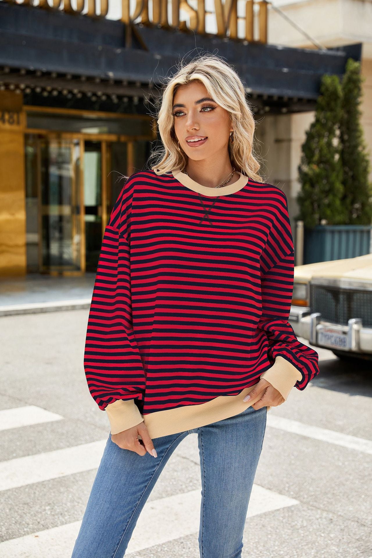 Striped Color Block Crew Neck Loose Fit Long Sleeve Sweatshirt