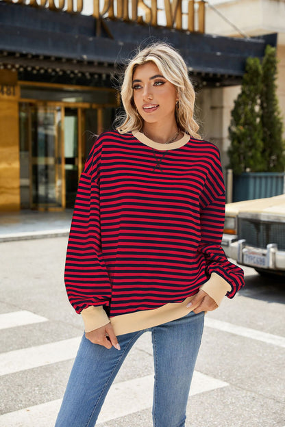 Striped Color Block Crew Neck Loose Fit Long Sleeve Sweatshirt