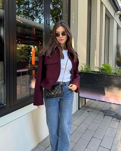 Women's Cropped Boucle Zip Jacket Collar Pocket