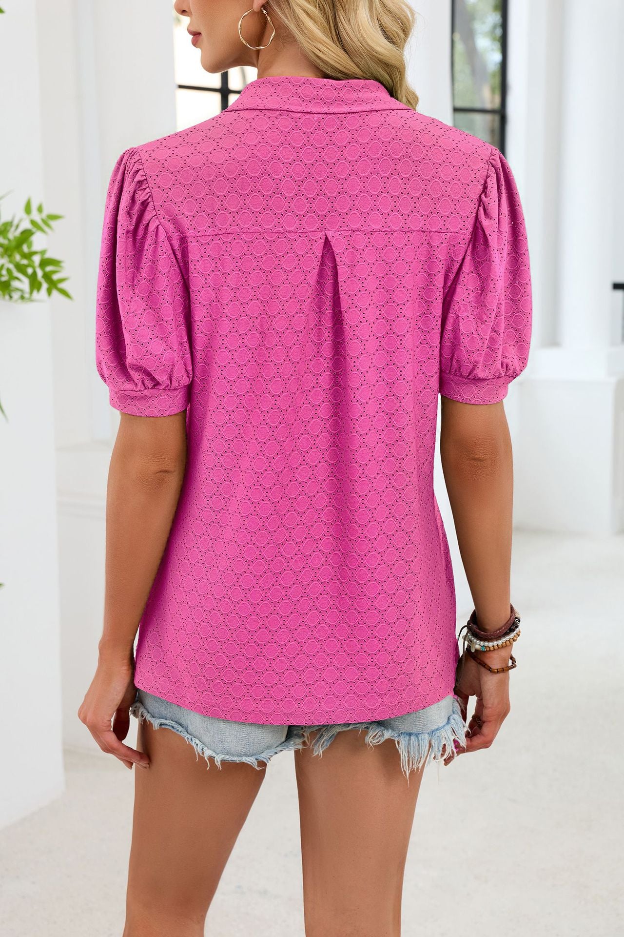 Eyelet V Neck Puff Sleeve Polo Blouse Casual Top