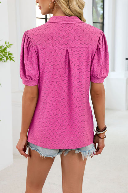 Eyelet V Neck Puff Sleeve Polo Blouse Casual Top