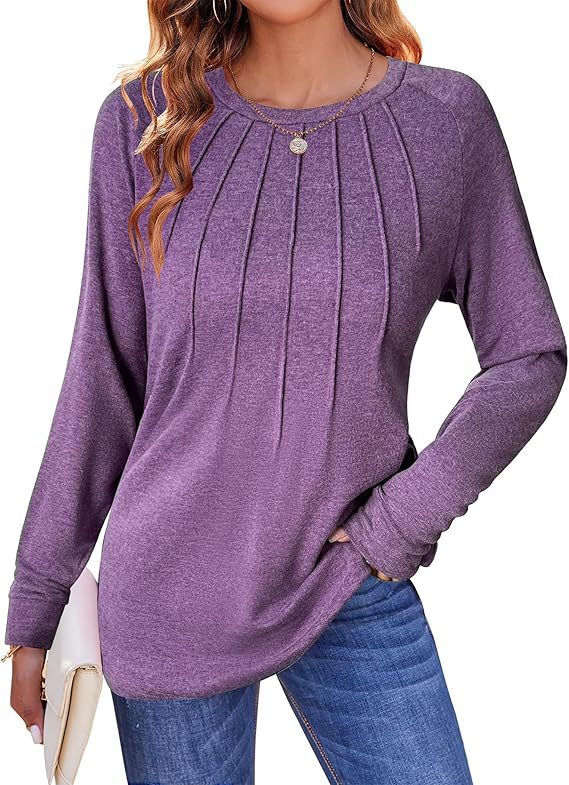 Women's Pleated Crew Neck Long Sleeve Casual Top