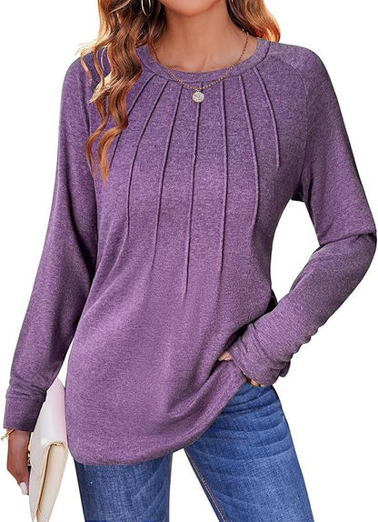 Women's Pleated Crew Neck Long Sleeve Casual Top