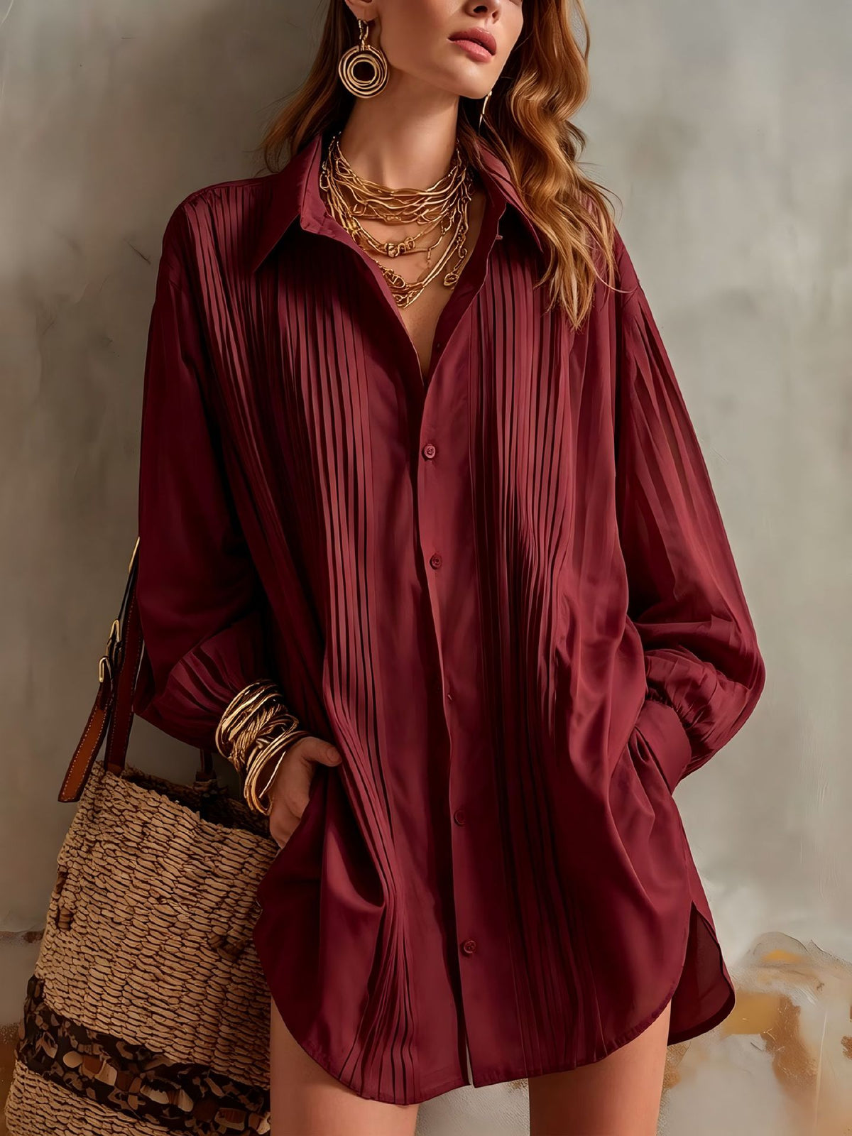 Women's Oversized Pleated Collared Shirt Long Sleeve Blouse