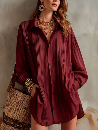 Women's Oversized Pleated Collared Shirt Long Sleeve Blouse