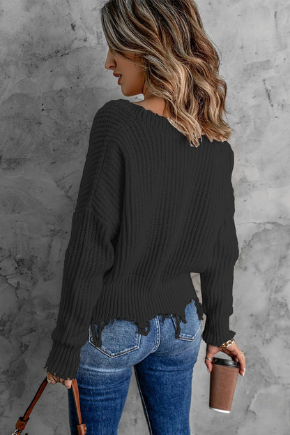 Women's Oversized V-Neck Frayed Hem Knit Sweater