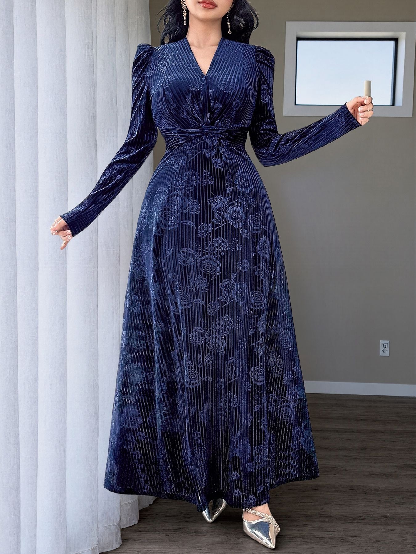 Floral Velvet Maxi Dress V Neck Twist Waist Evening Gown