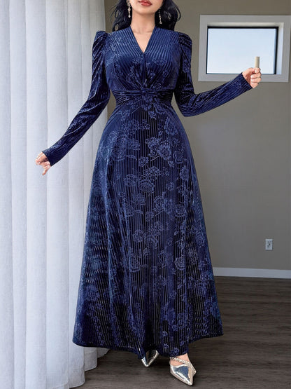 Floral Velvet Maxi Dress V Neck Twist Waist Evening Gown