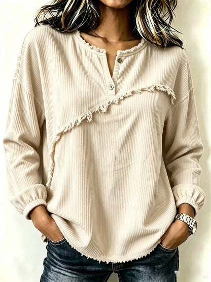 Oversized Corduroy Henley Frayed Hem Long Sleeve Top