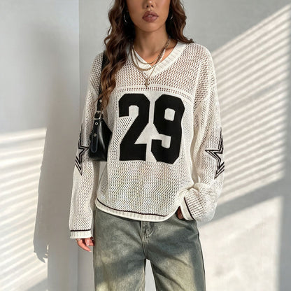 Women's Oversized Graphic Number Mesh Sweater Streetwear