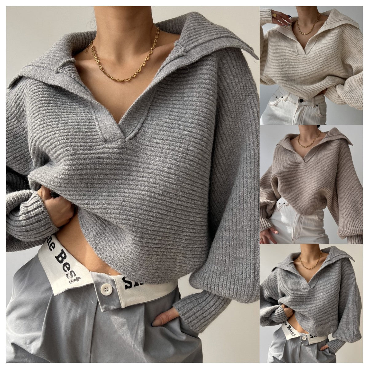 Womens Collared V Neck Ribbed Knit Sweater