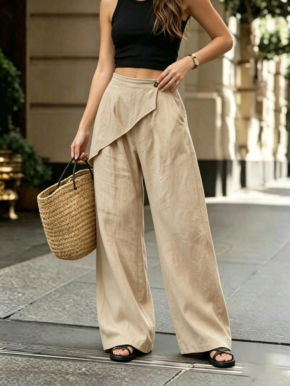 Faux Linen Wide Leg Pants Asymmetric Elastic Waist