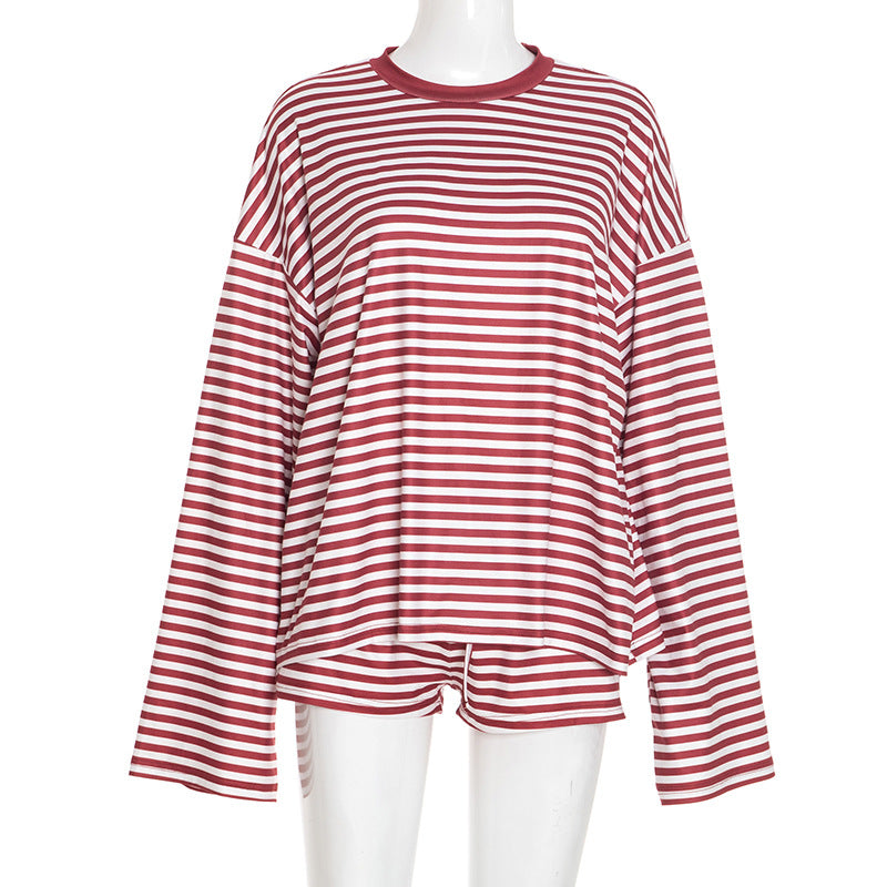 Oversized Striped Long Sleeve Top and Shorts Matching Set