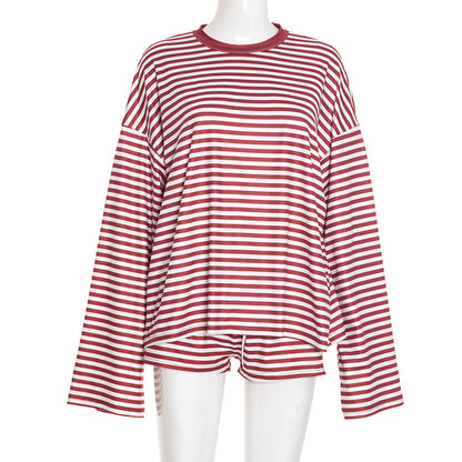 Oversized Striped Long Sleeve Top and Shorts Matching Set