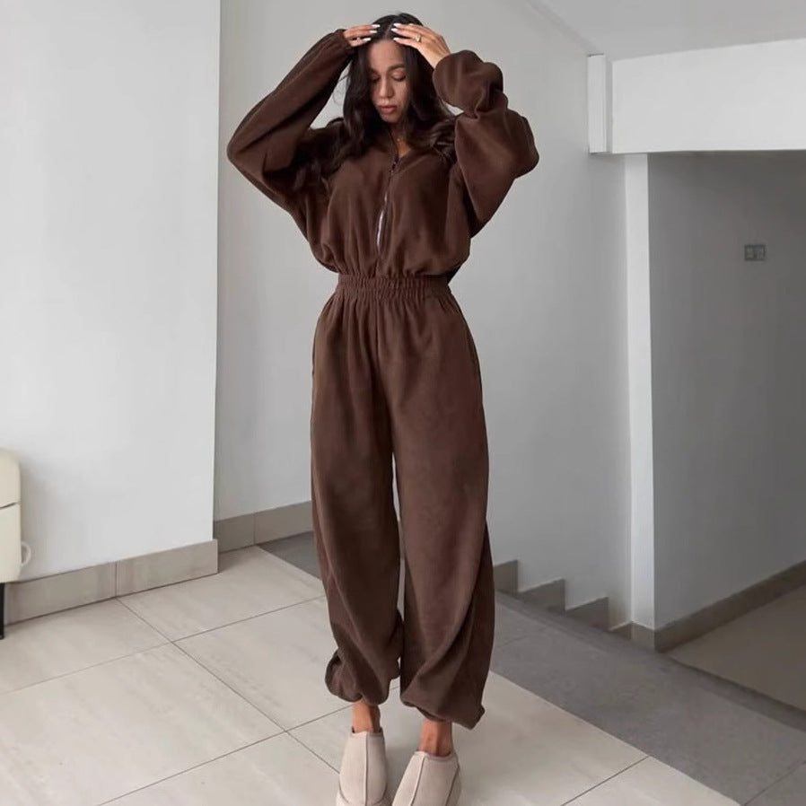 Zip Up Fleece Jumpsuit with Elastic Waist