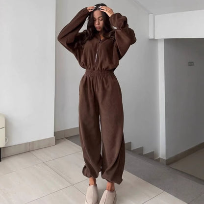 Zip Up Fleece Jumpsuit with Elastic Waist