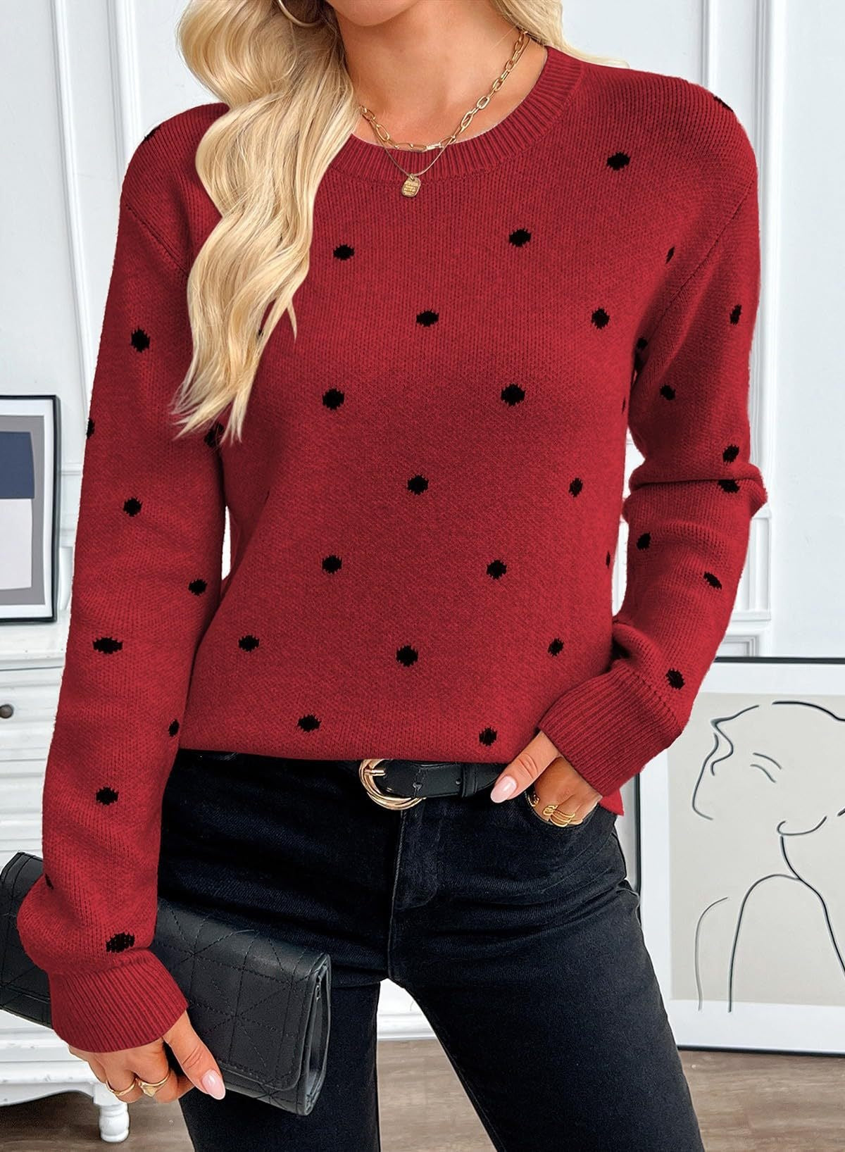 Women's Polka Dot Crew Neck Pullover Knit Sweater