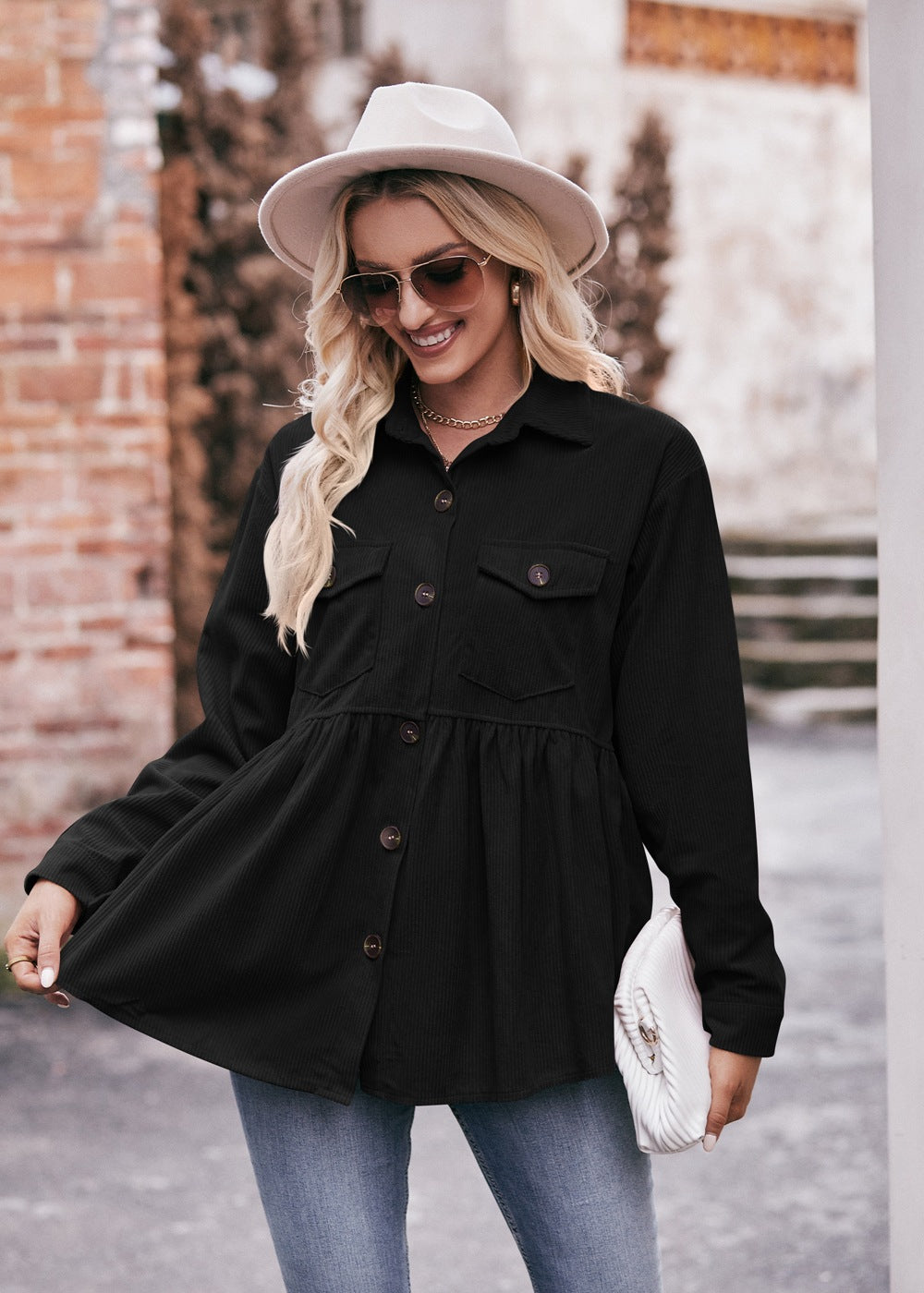 Casual Corduroy Babydoll Shirt Vintage-Inspired Top