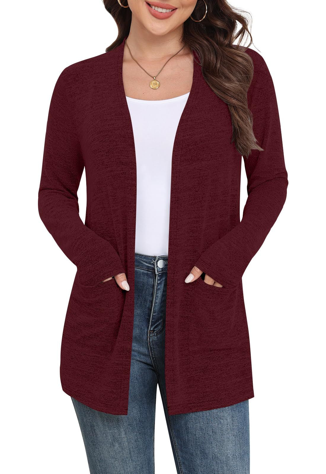 Women's Open Front Cardigan Long Sleeve Lightweight Pockets