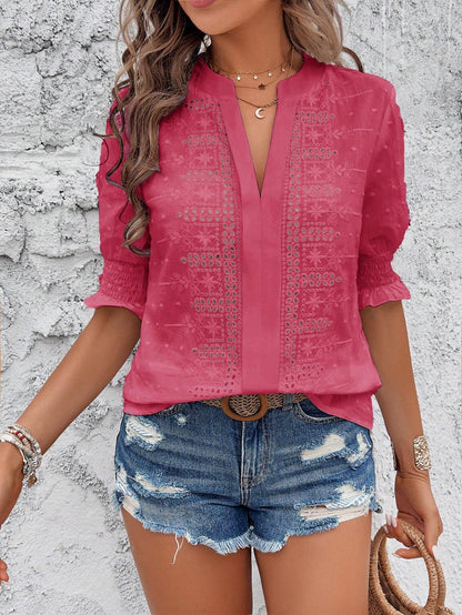 Mint Green Eyelet V Neck Boho Puff Sleeve Top