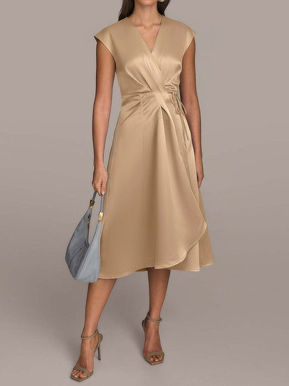 Satin V Neck Wrap Midi Dress Tie Waist Elegant
