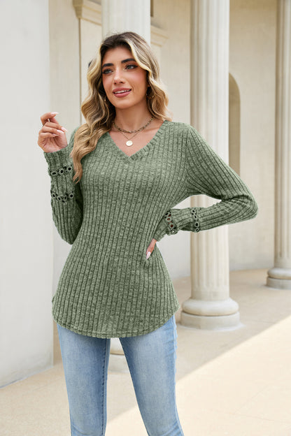 Solid V Neck Waffle Knit Top Lace Sleeve Pullover