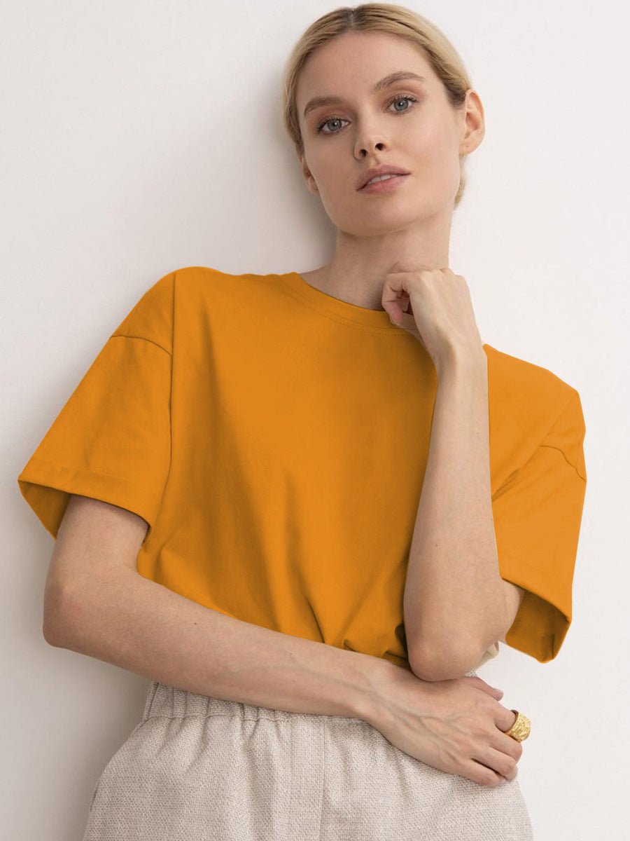 Solid Cotton T Shirt Loose Fit Crewneck Casual Top