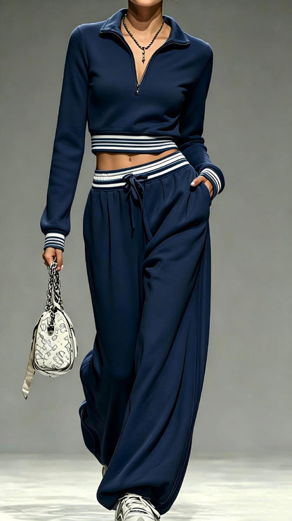 Women Two Piece Sweatsuit Crop Top Wide Leg Sweatpants Set