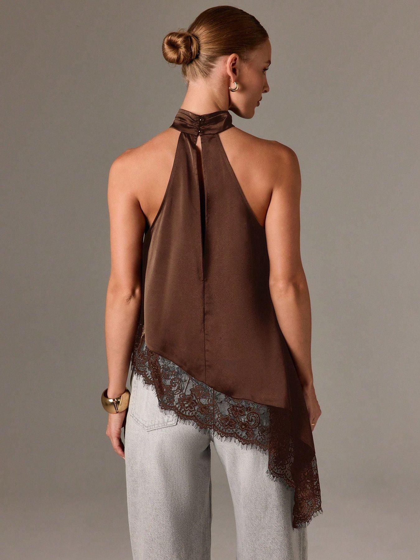 Satin Lace Trim Halter Tank Sleeveless Summer Top